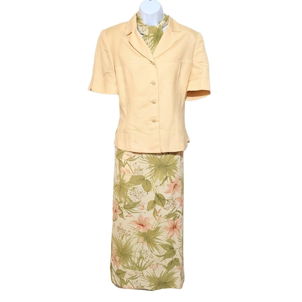Vintage Kasper ASL Womens Skirt Suit Set Size 6 Peach Green Blazer Skirt Scarf